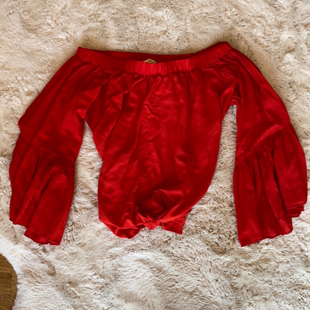 Red Bell Sleeves Front Tie Blouse